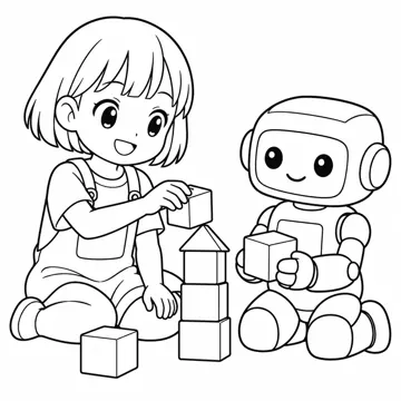 ぬりえ(線画)・テーマ別(デジタル・学校・季節・生きもの・はたらく人) ぬりえ デジタルの場面:ロボットの友だちと遊ぶ子
