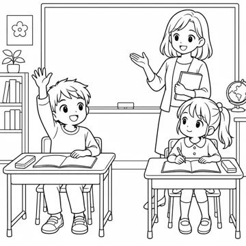ぬりえ(線画)・テーマ別(デジタル・学校・季節・生きもの・はたらく人) ぬりえ 学校生活:教室で授業を受ける子どもたち
