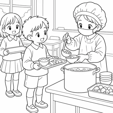 ぬりえ(線画)・テーマ別(デジタル・学校・季節・生きもの・はたらく人) ぬりえ 学校生活:給食の配ぜん