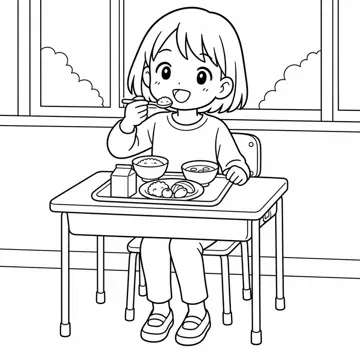 ぬりえ(線画)・テーマ別(デジタル・学校・季節・生きもの・はたらく人) ぬりえ 学校生活:給食を食べる子