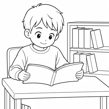 ぬりえ(線画)・テーマ別(デジタル・学校・季節・生きもの・はたらく人) ぬりえ 学校生活:図書室で本を読む子