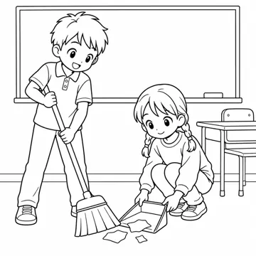 ぬりえ(線画)・テーマ別(デジタル・学校・季節・生きもの・はたらく人) ぬりえ 学校生活:教室のそうじ