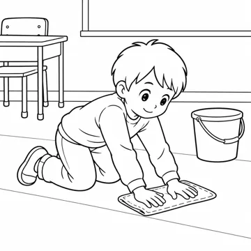 ぬりえ(線画)・テーマ別(デジタル・学校・季節・生きもの・はたらく人) ぬりえ 学校生活:ぞうきんがけ