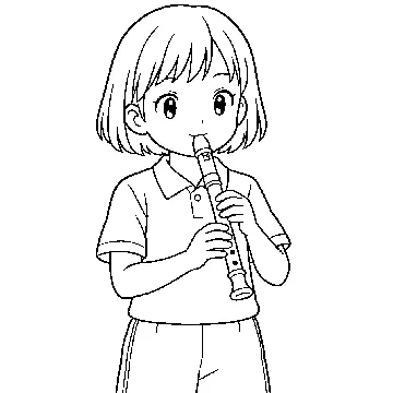 ぬりえ(線画)・テーマ別(デジタル・学校・季節・生きもの・はたらく人) ぬりえ 学校生活:リコーダーをふく子