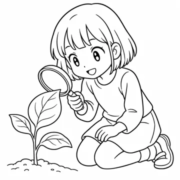 ぬりえ(線画)・テーマ別(デジタル・学校・季節・生きもの・はたらく人) ぬりえ 学校生活:虫めがねで観察