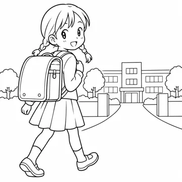 ぬりえ(線画)・テーマ別(デジタル・学校・季節・生きもの・はたらく人) ぬりえ 学校生活:ランドセルで登校