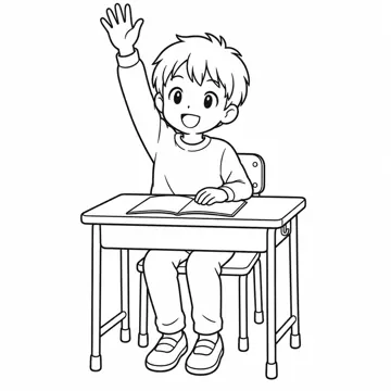 ぬりえ(線画)・テーマ別(デジタル・学校・季節・生きもの・はたらく人) ぬりえ 学校生活:手を挙げる子