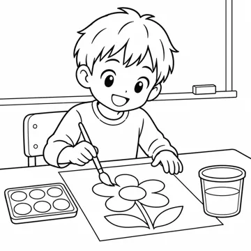 ぬりえ(線画)・テーマ別(デジタル・学校・季節・生きもの・はたらく人) ぬりえ 学校生活:図工で絵をかく子
