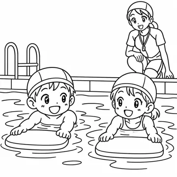 ぬりえ(線画)・テーマ別(デジタル・学校・季節・生きもの・はたらく人) ぬりえ 学校生活:プール