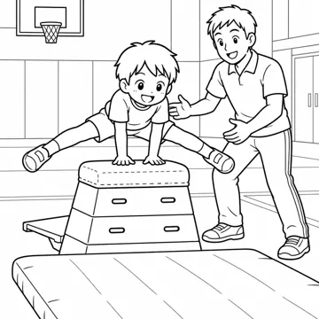 ぬりえ(線画)・テーマ別(デジタル・学校・季節・生きもの・はたらく人) ぬりえ 学校生活:体育館の跳び箱