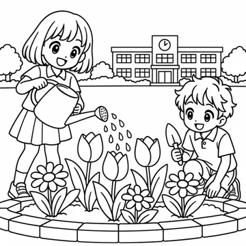 ぬりえ(線画)・テーマ別(デジタル・学校・季節・生きもの・はたらく人) ぬりえ 学校生活:校庭の花だん