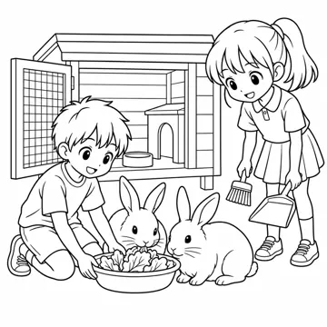 ぬりえ(線画)・テーマ別(デジタル・学校・季節・生きもの・はたらく人) ぬりえ 学校生活:うさぎ小屋の世話