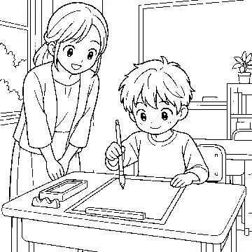 ぬりえ(線画)・テーマ別(デジタル・学校・季節・生きもの・はたらく人) ぬりえ 学校生活:書写(習字)