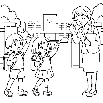 ぬりえ(線画)・テーマ別(デジタル・学校・季節・生きもの・はたらく人) ぬりえ 学校生活:下校のあいさつ