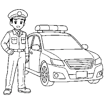 ぬりえ(線画)・テーマ別(デジタル・学校・季節・生きもの・はたらく人) ぬりえ はたらく人・のりもの:パトカーとおまわりさん