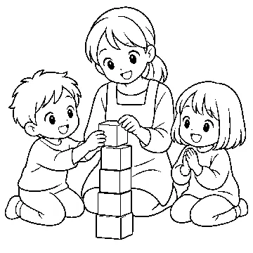 ぬりえ(線画)・テーマ別(デジタル・学校・季節・生きもの・はたらく人) ぬりえ はたらく人・のりもの:保育士さんと子ども