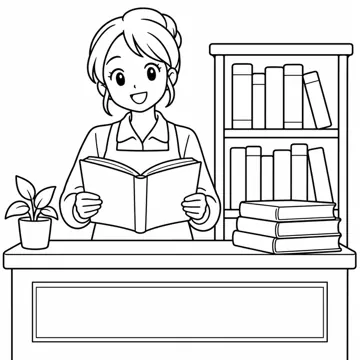 ぬりえ(線画)・テーマ別(デジタル・学校・季節・生きもの・はたらく人) ぬりえ はたらく人・のりもの:図書館の司書