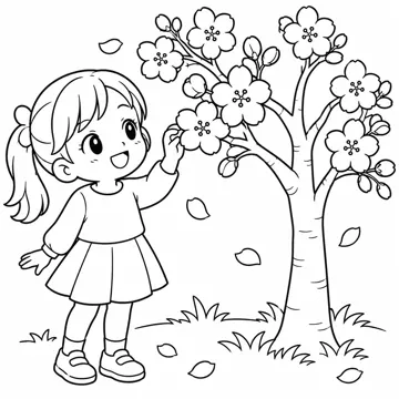 ぬりえ(線画)・テーマ別(デジタル・学校・季節・生きもの・はたらく人) ぬりえ 季節・行事:春のさくらと子ども