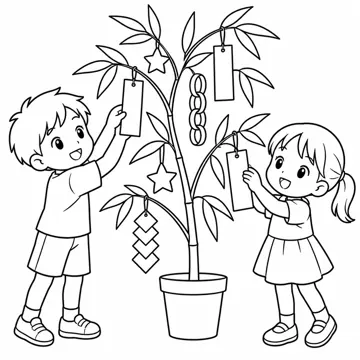 ぬりえ(線画)・テーマ別(デジタル・学校・季節・生きもの・はたらく人) ぬりえ 季節・行事:七夕の笹かざり