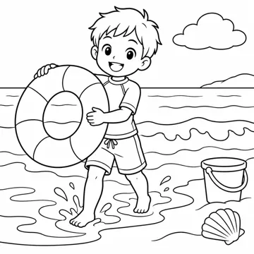 ぬりえ(線画)・テーマ別(デジタル・学校・季節・生きもの・はたらく人) ぬりえ 季節・行事:夏の海で遊ぶ子