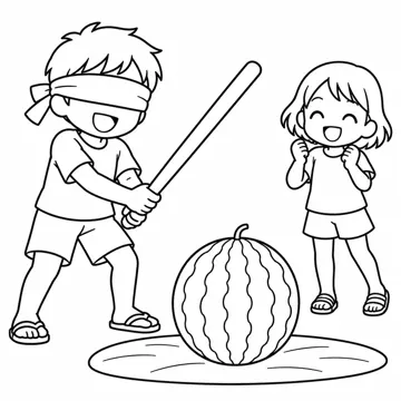 ぬりえ(線画)・テーマ別(デジタル・学校・季節・生きもの・はたらく人) ぬりえ 季節・行事:すいかわり