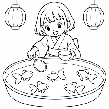 ぬりえ(線画)・テーマ別(デジタル・学校・季節・生きもの・はたらく人) ぬりえ 季節・行事:夏祭りの金魚すくい