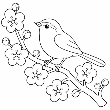 ぬりえ(線画)・テーマ別(デジタル・学校・季節・生きもの・はたらく人) ぬりえ 季節・行事:梅の花とうぐいす