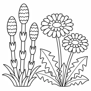 ぬりえ(線画)・テーマ別(デジタル・学校・季節・生きもの・はたらく人) ぬりえ 季節・行事:つくしとたんぽぽ