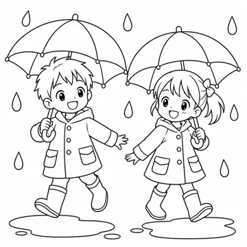 ぬりえ(線画)・テーマ別(デジタル・学校・季節・生きもの・はたらく人) ぬりえ 季節・行事:雨の日のかさ