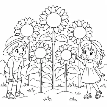 ぬりえ(線画)・テーマ別(デジタル・学校・季節・生きもの・はたらく人) ぬりえ 季節・行事:ひまわり畑