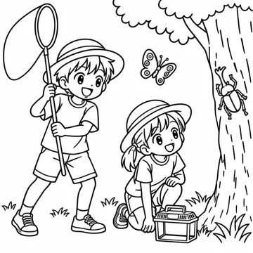 ぬりえ(線画)・テーマ別(デジタル・学校・季節・生きもの・はたらく人) ぬりえ 季節・行事:虫とり