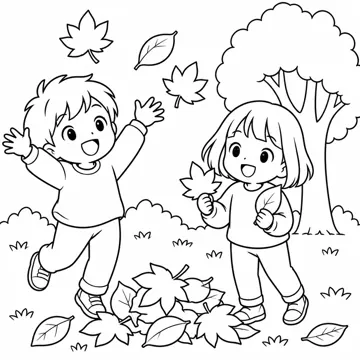 ぬりえ(線画)・テーマ別(デジタル・学校・季節・生きもの・はたらく人) ぬりえ 季節・行事:落ち葉あそび