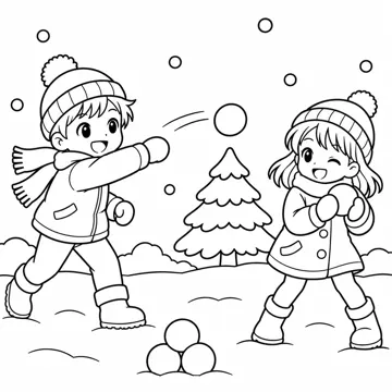 ぬりえ(線画)・テーマ別(デジタル・学校・季節・生きもの・はたらく人) ぬりえ 季節・行事:雪合戦