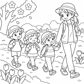 ぬりえ(線画)・テーマ別(デジタル・学校・季節・生きもの・はたらく人) ぬりえ 季節・行事:春の遠足