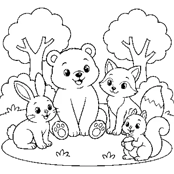 ぬりえ(線画)・テーマ別(デジタル・学校・季節・生きもの・はたらく人) ぬりえ 生きもの・自然:森の動物たち