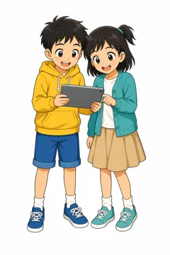 しぐさ・場面のポーズ・ふたり ハル ミオ ふたり 一緒に端末