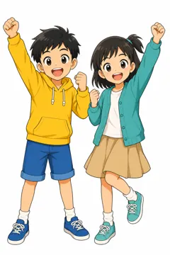 しぐさ・場面のポーズ・ふたり ハル ミオ ふたり 一緒に喜ぶ