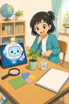 場面イラスト・AIとくらす 1 AI活用シーン 自由研究の相談