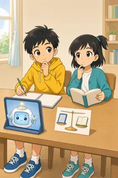 場面イラスト・AIとくらす 1 AI活用シーン 頼りすぎ注意