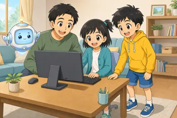 場面イラスト・家で 家庭 家族とPC