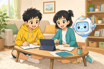 場面イラスト・家で 家庭 リビングで学ぶ