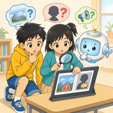 場面イラスト・情報をたしかめる 情報リテラシー フェイクを見抜く