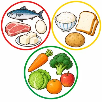 食べ物・野菜・果物 食べ物・野菜・果物 料理・給食:3つの食べ物のグループ(赤・黄・緑の3つの丸に食品を分ける)
