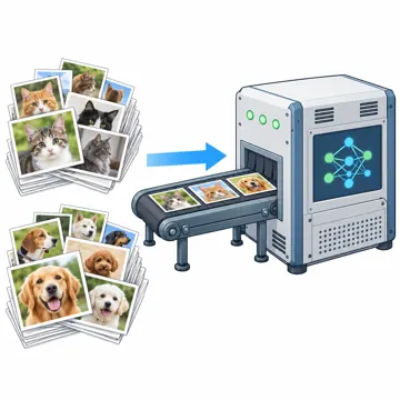 プログラミングとデータ プログラミングとデータ しくみ:AIの学習データ(たくさんの写真がAIの機械に入っていく)