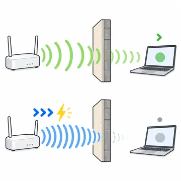 ネットワークと通信のしくみ ネットワークと通信のしくみ 家の中:2.4GHzと5GHzを比べる(遠くまで届く波と速いが届きにくい波)