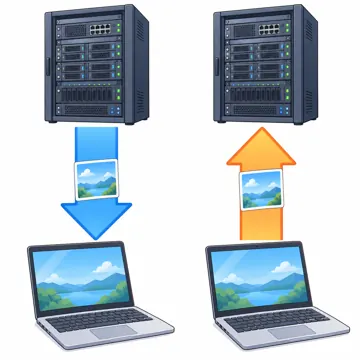 ネットワークと通信のしくみ ネットワークと通信のしくみ 体感:ダウンロードとアップロード(下向きと上向きの矢印)