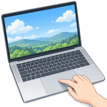 パソコンの中身と周辺機器 パソコンの中身と周辺機器 入出力:ノートPCのトラックパッドを指でなぞる手元