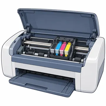 パソコンの中身と周辺機器 パソコンの中身と周辺機器 入出力:ふたを開けたプリンタの中(インクカートリッジ)