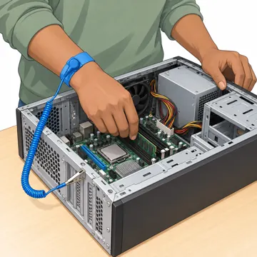 パソコンの中身と周辺機器 パソコンの中身と周辺機器 中身:静電気防止バンドを手首につけて作業する手元