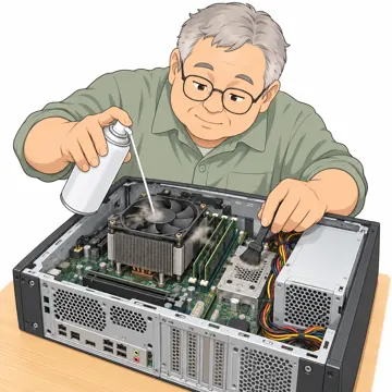 パソコンの中身と周辺機器 パソコンの中身と周辺機器 中身:エアダスターと刷毛でPCのほこりを掃除する